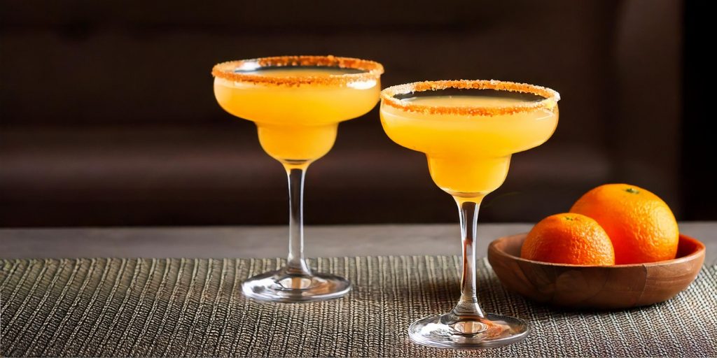 Two Smoky Chipotle Margaritas with chili salt rims served in traditional Margarita glasses