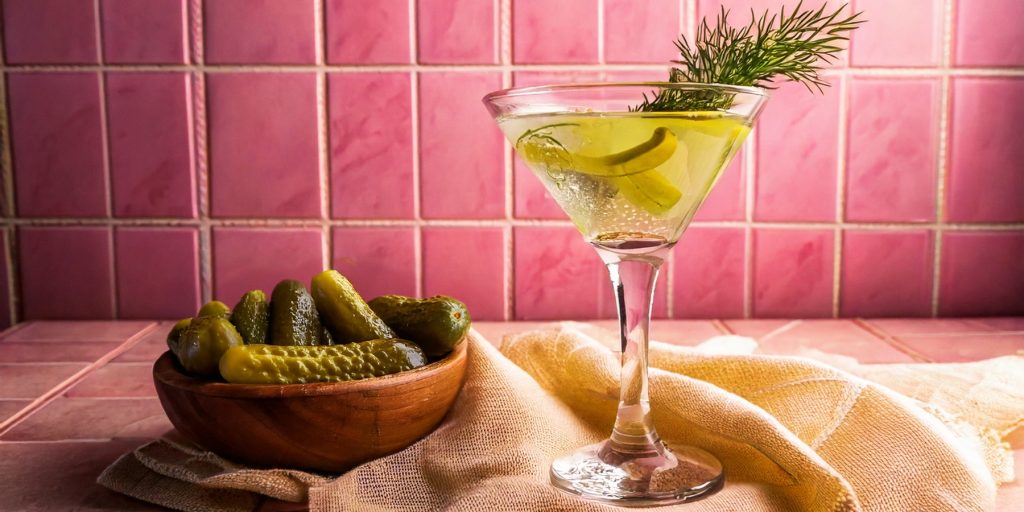 A Pickle Martini with fresh dill garnish, pink tiled background