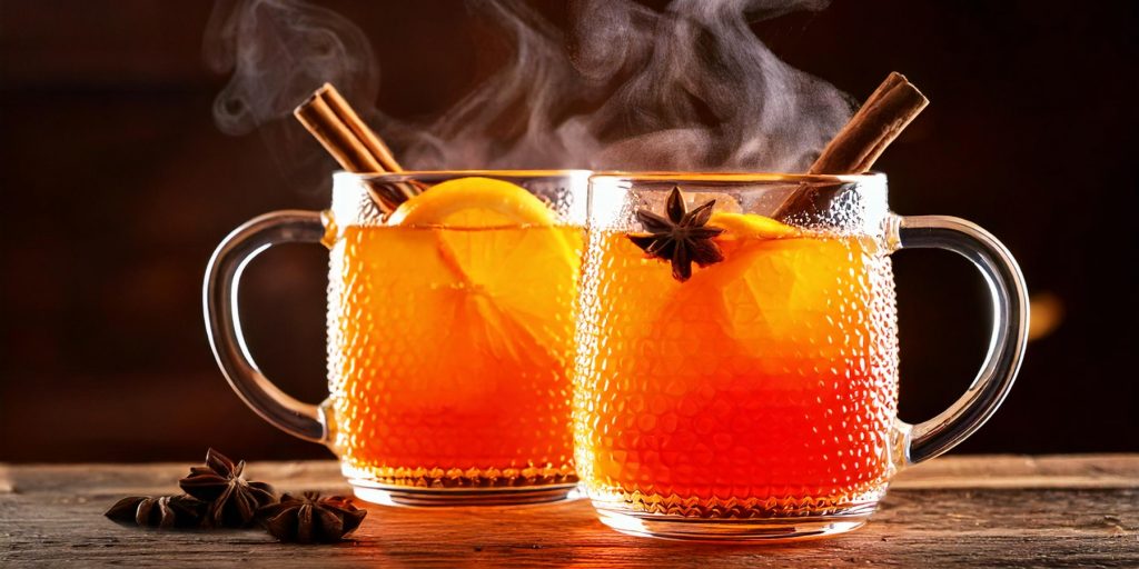 Two glass mugs of steaming Aperol Hot Toddy cocktails with cinnamon and star anise garnish