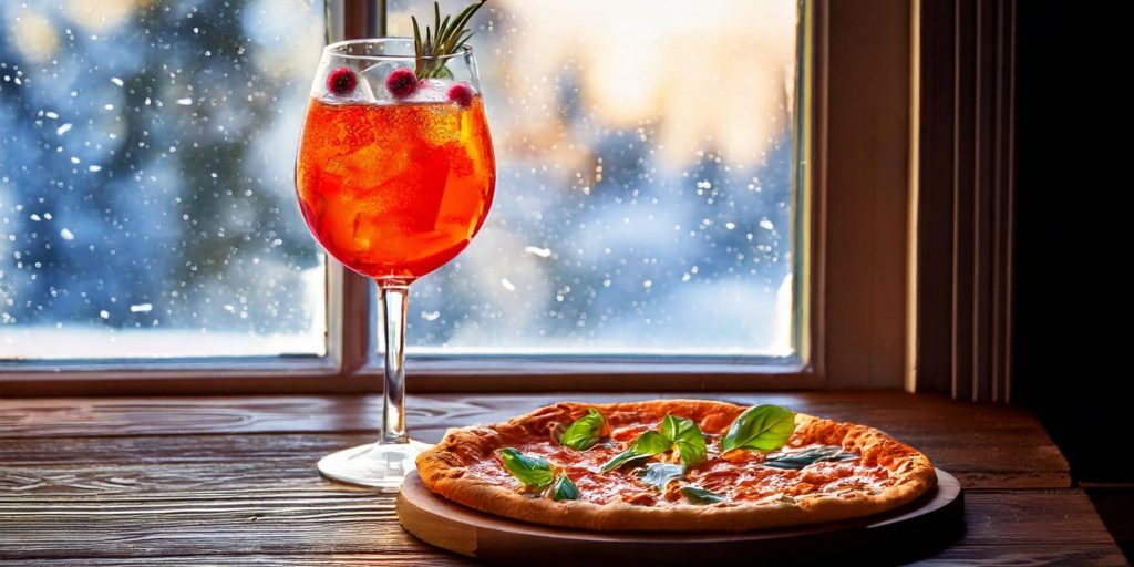 A festive Christmas Aperol Spritz with rosemary garnish, served with a pizza topped with fresh basil