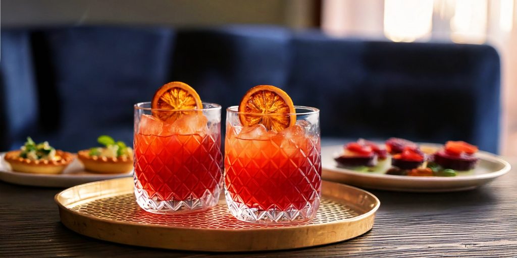 Two Sloe Gin Aperol Fizz cocktails served with beetroot tartlets