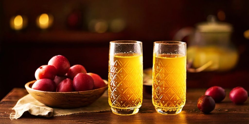 Two glasses of golden Chinese plum juice with a bowl of fresh plums, creating a warm and cozy atmosphere on a wooden table.