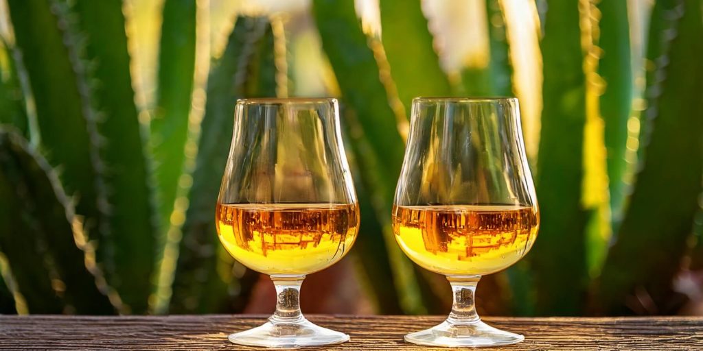 Two crystal-clear glasses filled with golden sotol spirit resting on a wooden surface, with green agave-like plants in the background, highlighting the drink's clarity and rich hues.