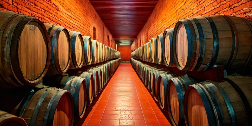 A beautifully lit cellar filled with wooden barrels lining both sides of a brick-walled corridor, showcasing the aging process of sotol.