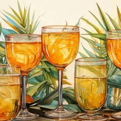 An artistic display of various Sotol cocktails in golden hues, presented in an assortment of elegant glasses, surrounded by tropical foliage for a vibrant and summery look.