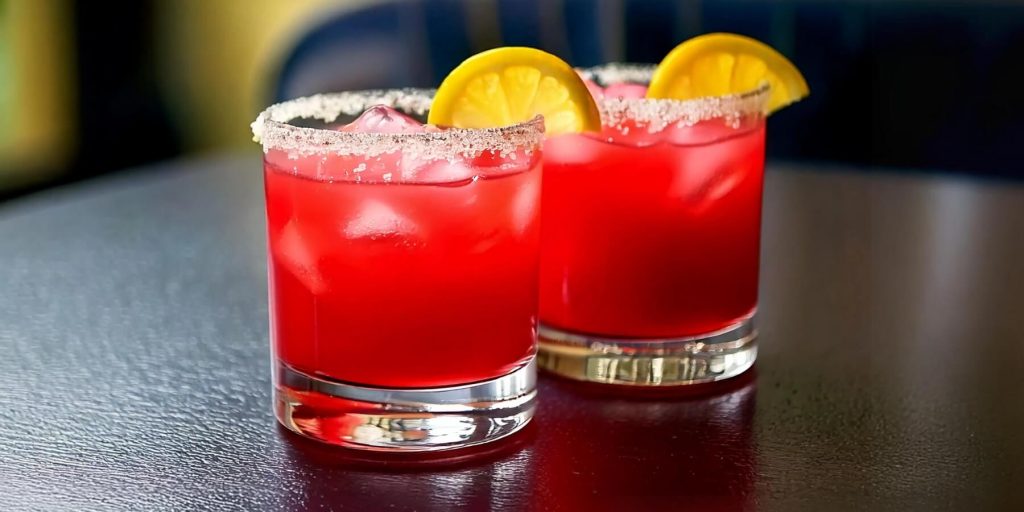 Two vibrant red Sotol Tomato Cooler cocktails served in lowball glasses with sugar-rimmed edges, garnished with lemon slices, placed on a sleek dark tabletop.