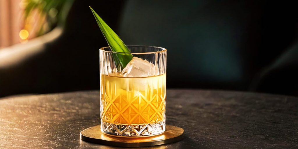 A classic golden cocktail with a pandan leaf garnish, served in a crystal tumbler filled with clear ice cubes, resting on a dark table with a cozy ambiance.