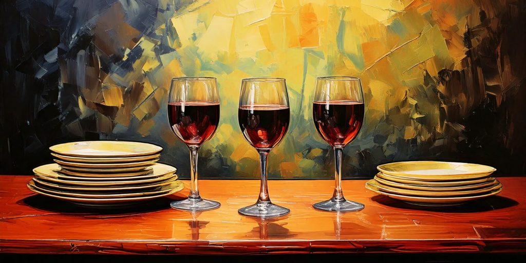 A painting of three glasses of Amaro served on a table next to stacks of dinner plates