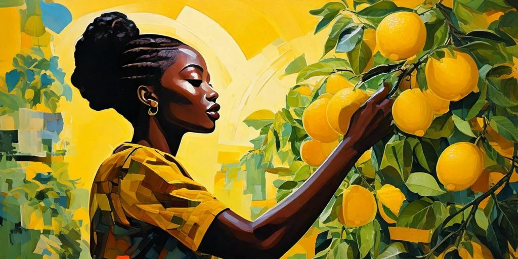 A painting of a woman picking lemons