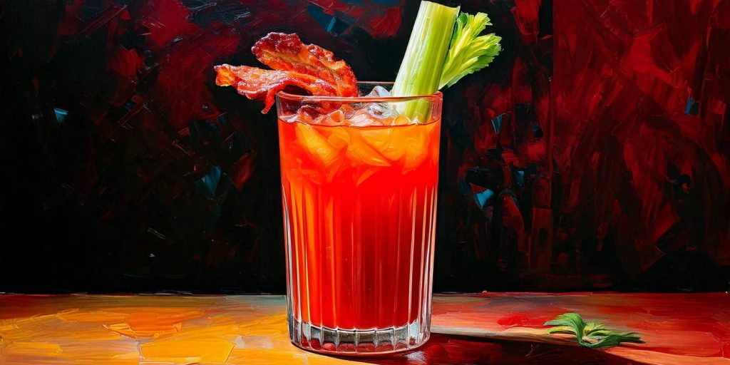 A painting of a Bloody Mary with bacon and celery garnish