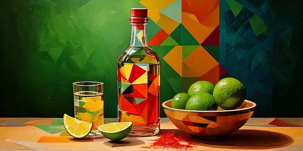 A painting of a bottle of tequila and a bowl of limes