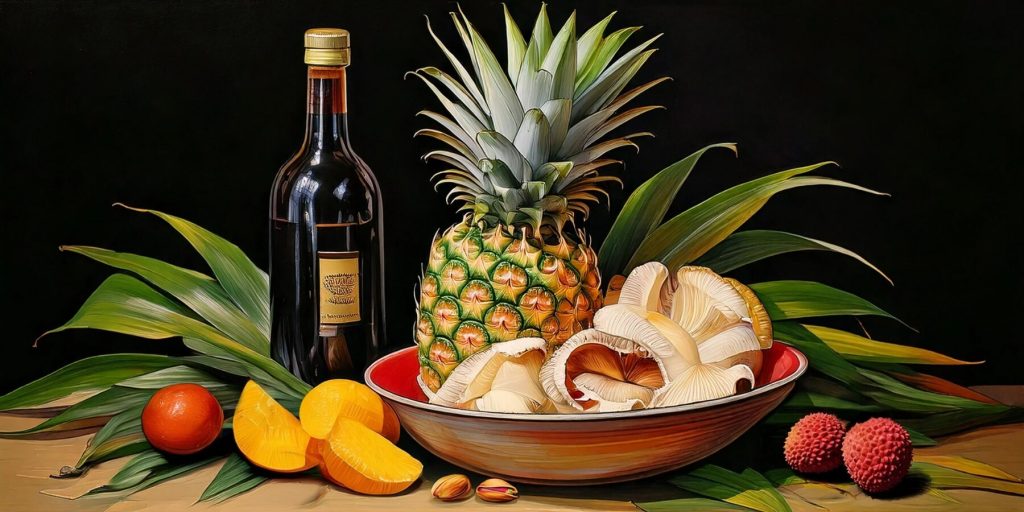 Painting of a bottle of soy sauce, pineapple, bowl of mushrooms and lychees