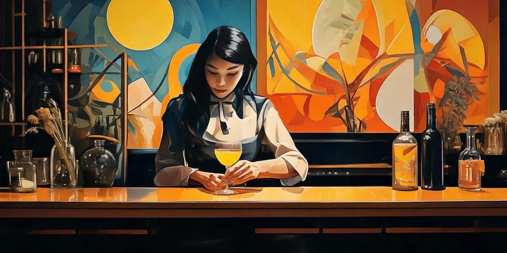 Painting of a beautiful asian woman making serving a yuzu cocktail behind a bar