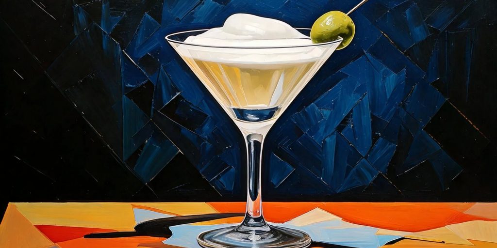 Bauhaus style painting of a martini with foam on top and a large green olive garnish