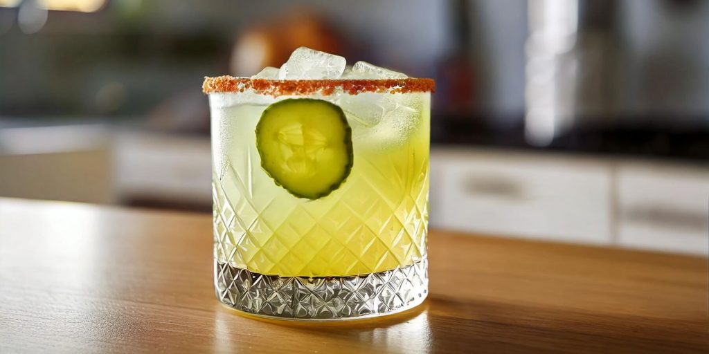 A crystal glass filled with a pale green margarita is rimmed with spice and garnished with a round pickle slice. The background is softly blurred, showing a cozy kitchen setting.