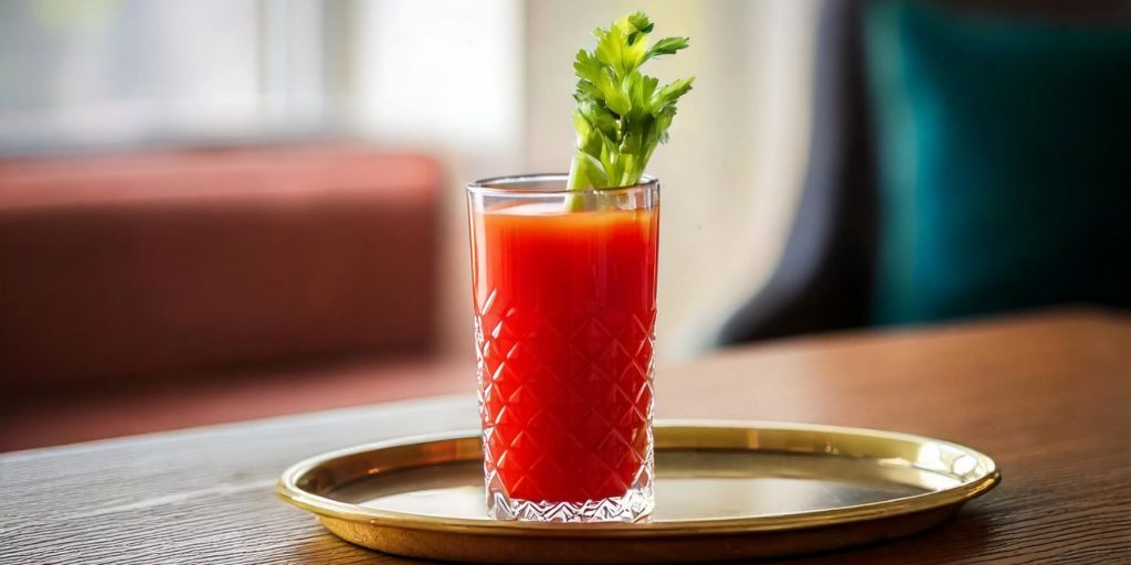 A tall glass with a deep red Bloody Mary cocktail sits on a gold tray, garnished with a fresh celery stalk. The vibrant tomato-based drink contrasts with the neutral background, adding a touch of elegance.