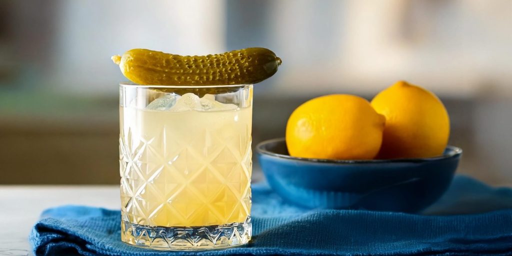 A short glass with a pale yellow cocktail over ice is garnished with a whole pickle resting on the rim. Behind the drink, a blue bowl holds fresh lemons, complementing the cocktail's bright citrus notes.