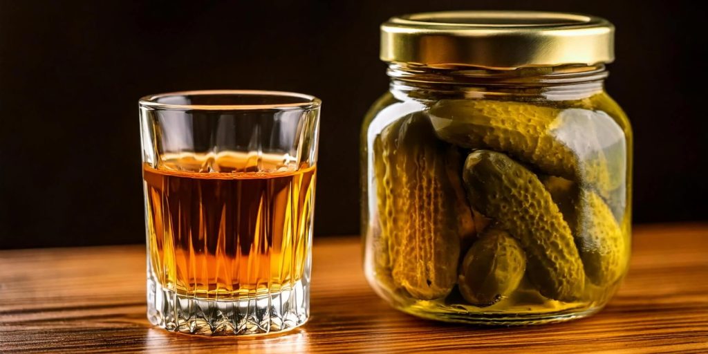 A glass of golden whiskey sits beside a jar of pickles on a wooden surface. The scene is moody and warm, highlighting the contrast between the deep amber whiskey and the green pickles submerged in brine.