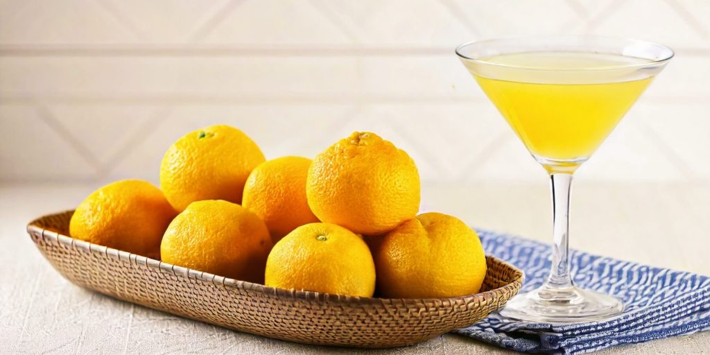 A vibrant display of fresh yuzu fruits in a woven basket sits beside a delicate coupe glass filled with a golden cocktail. A soft blue cloth napkin rests nearby, emphasizing the fresh, citrusy theme.