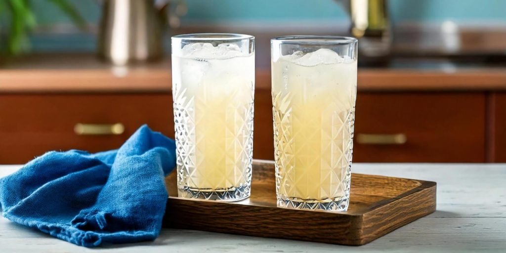 Two elegant highball glasses filled with a frosty Shikoku Mule cocktail sit on a wooden tray. A soft blue cloth napkin drapes over the side, adding a relaxed, summery feel to the scene.