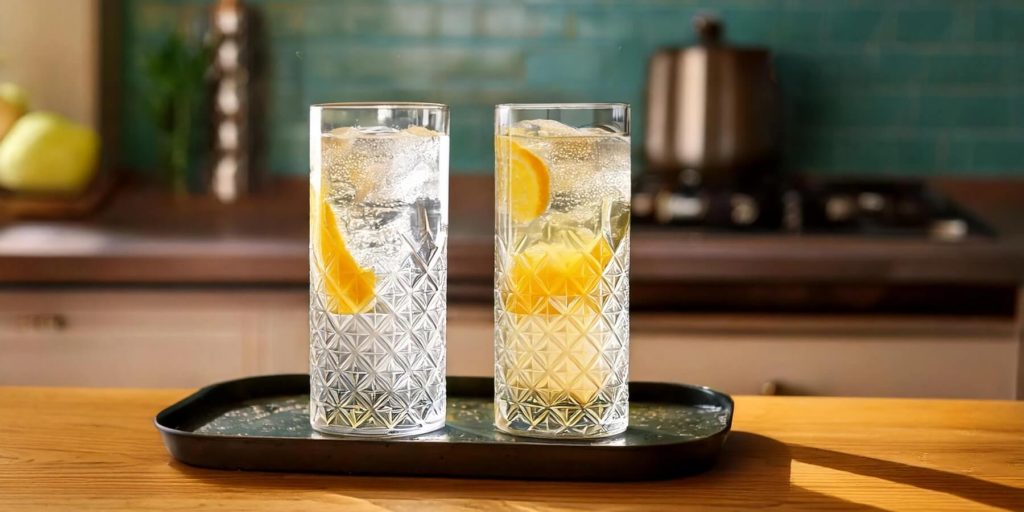 Two highball glasses filled with an effervescent gin and tonic infused with yuzu slices rest on a wooden countertop. The drinks glisten under soft natural lighting, with a teal-tiled kitchen backsplash adding depth.