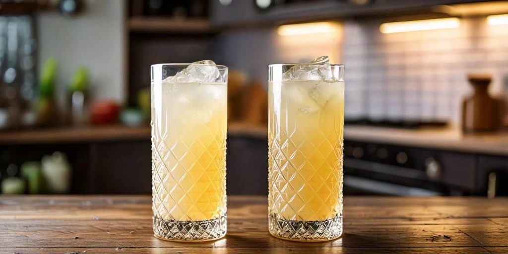 Two tall glasses brimming with a fizzy, golden yuzu highball sit on a rustic wooden surface. The drinks are garnished with large ice cubes and presented in an inviting, warmly lit kitchen.