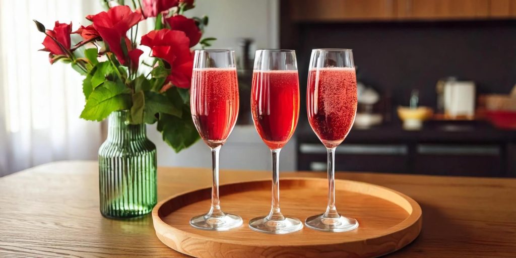 Three champagne flutes filled with a rich, deep red Hibiscus 75 cocktail, elegantly arranged on a round wooden tray. A green glass vase with fresh red flowers sits beside them, adding a romantic touch to the scene.