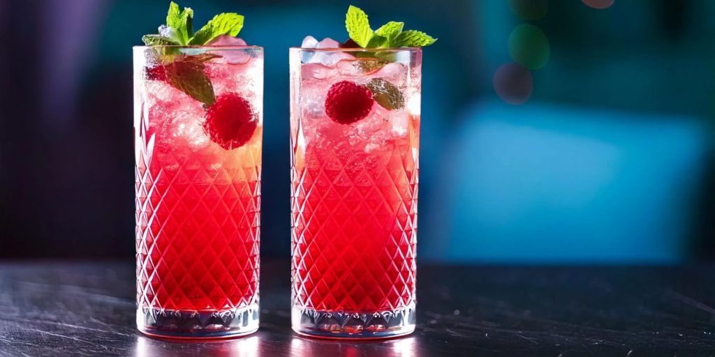 Two tall crystal-cut glasses filled with a vibrant red raspberry mocktail spritz, garnished with fresh raspberries and sprigs of mint. The glasses sit on a dark surface with a blurred background featuring soft, colorful lighting.