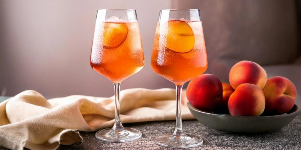 Two elegant wine glasses filled with a peachy-hued rose spritz, each garnished with a floating slice of fresh peach. A bowl of ripe peaches and a beige cloth are placed beside the glasses, adding a warm and inviting touch.