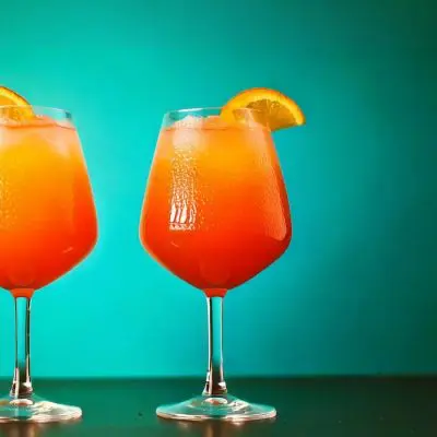 Two glasses of a bright orange cocktail, garnished with slices of orange, sit on a dark surface. The glasses are filled with ice and the drink has a smooth, slushy texture. The background is a gradient of green, creating a striking contrast with the orange drink.