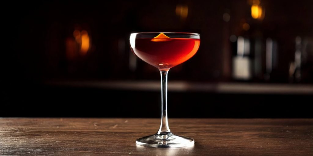 Close-up of an elegant Adonis cocktail, served in a coupe glass