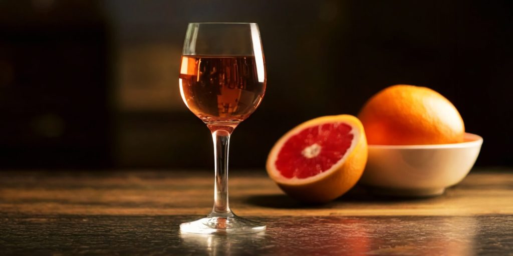 A delicate glass of sherry-based Saké Aperitif cocktail, elegantly placed on a reflective table, with moody lighting casting soft shadows.