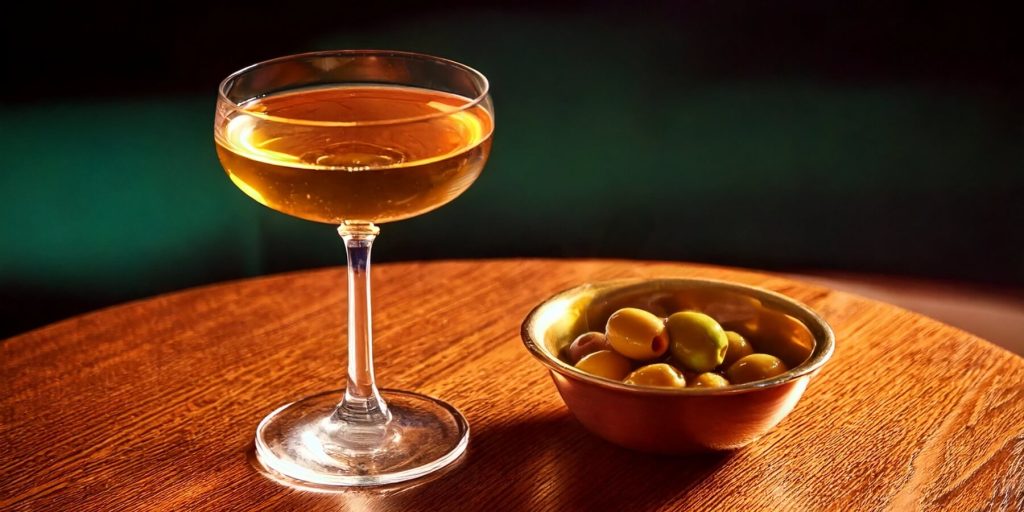 A sophisticated coupe glass filled with a Bamboo Cocktail, accompanied by a small bowl of green olives, set against a moody, green-lit background.