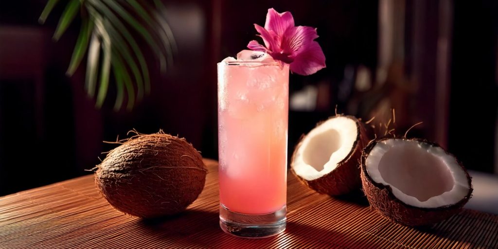 A tropical-inspired Cabana Club cocktail in a tall glass, with a pink orchid garnish and fresh coconuts in the background.