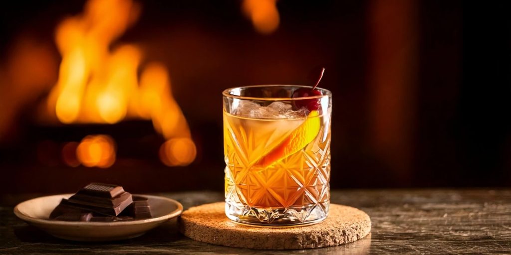 A rich, golden Sherry Old Fashioned cocktail in a crystal-cut glass, garnished with an orange peel and cherry, with a glowing fireplace in the background.