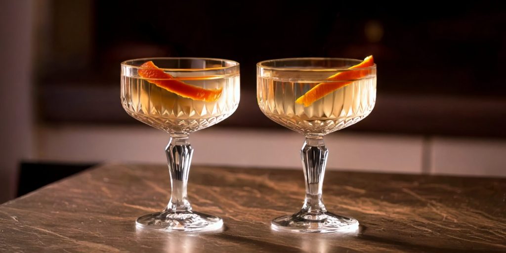 Two coupe glasses filled with the Tuxedo No. 2 cocktail, garnished with an orange twist, standing on a polished marble countertop with warm, ambient lighting.