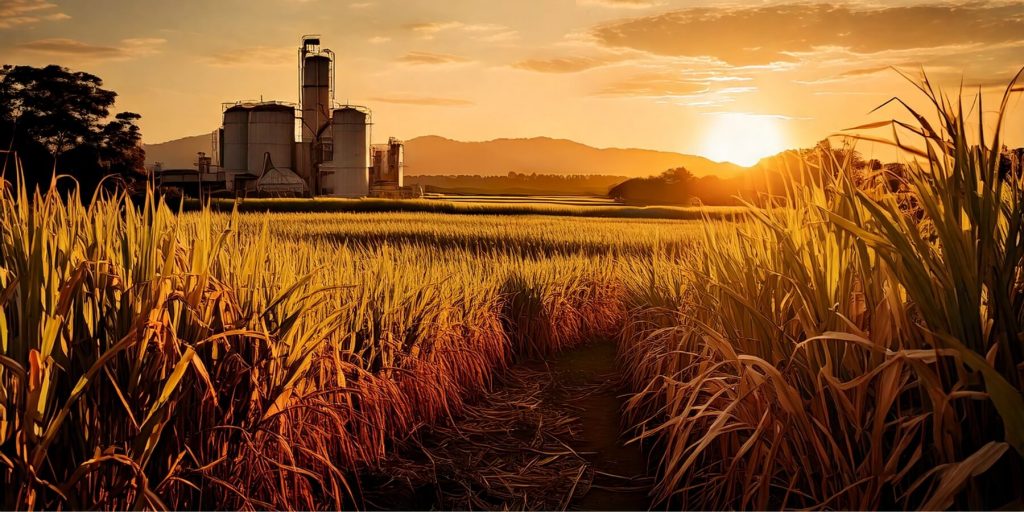 Sugarcane field with a rum distillery in the background at sunset