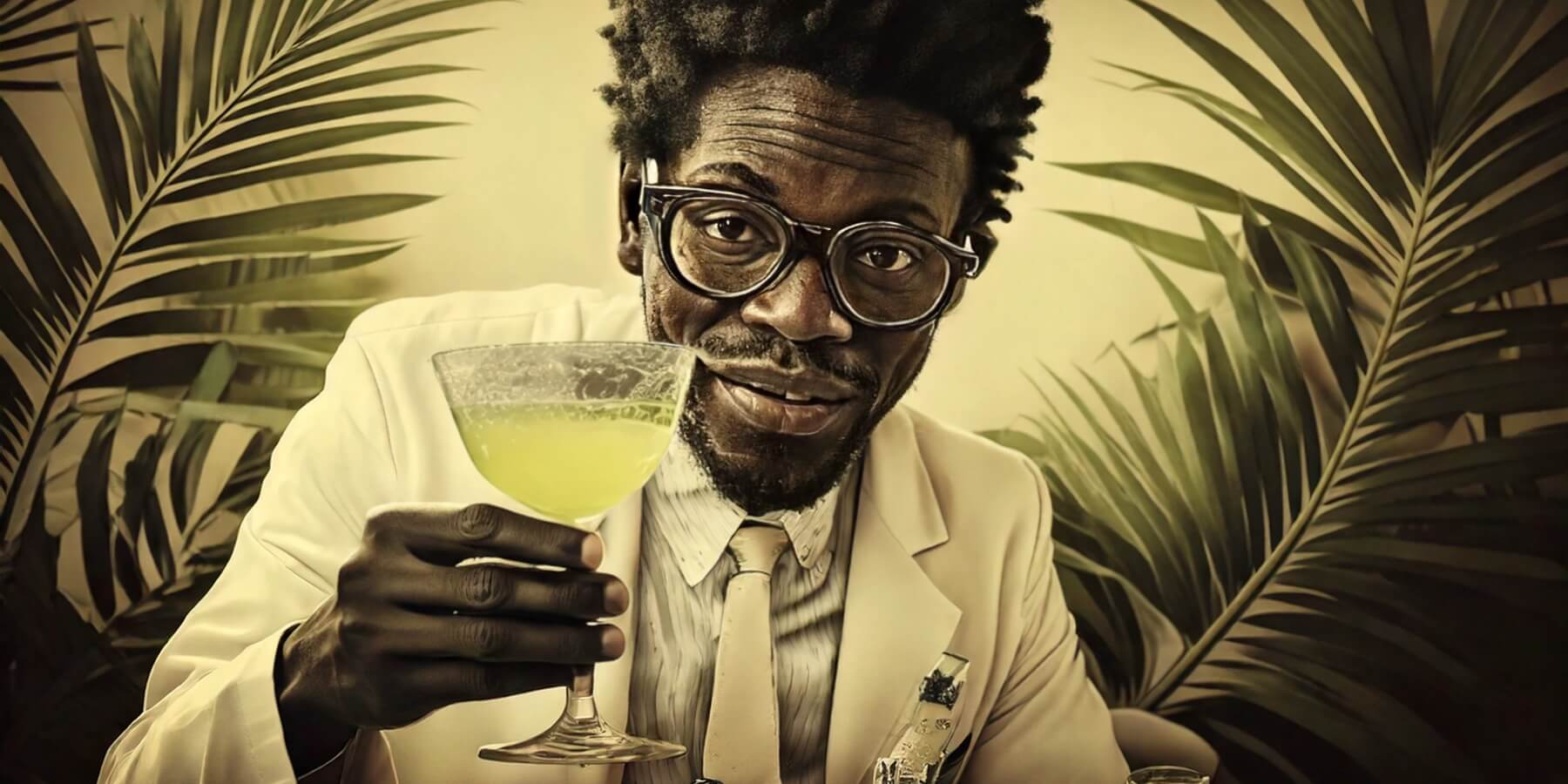 Illustration of a Master Blender for Wray and Nephew holding a Daiquiri