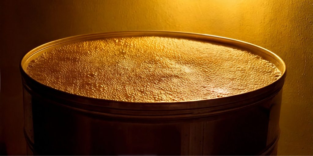 Close-up of a fermenting liquid in rum production