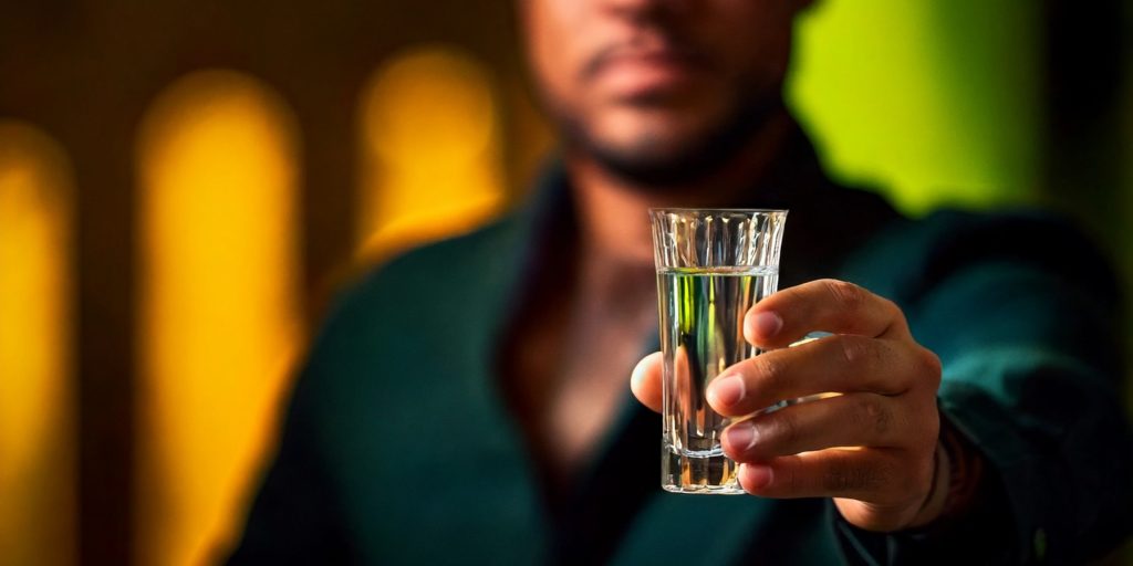 A master blender holding a small glass of Wray and Nephew rum to camera, yellow and green background